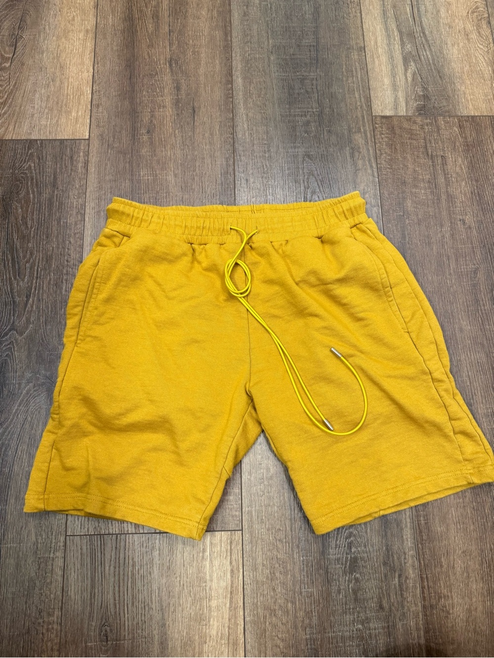 MNML Mustard Yellow Knit Athletic Shorts with Yellow Drawstring cargo pockets